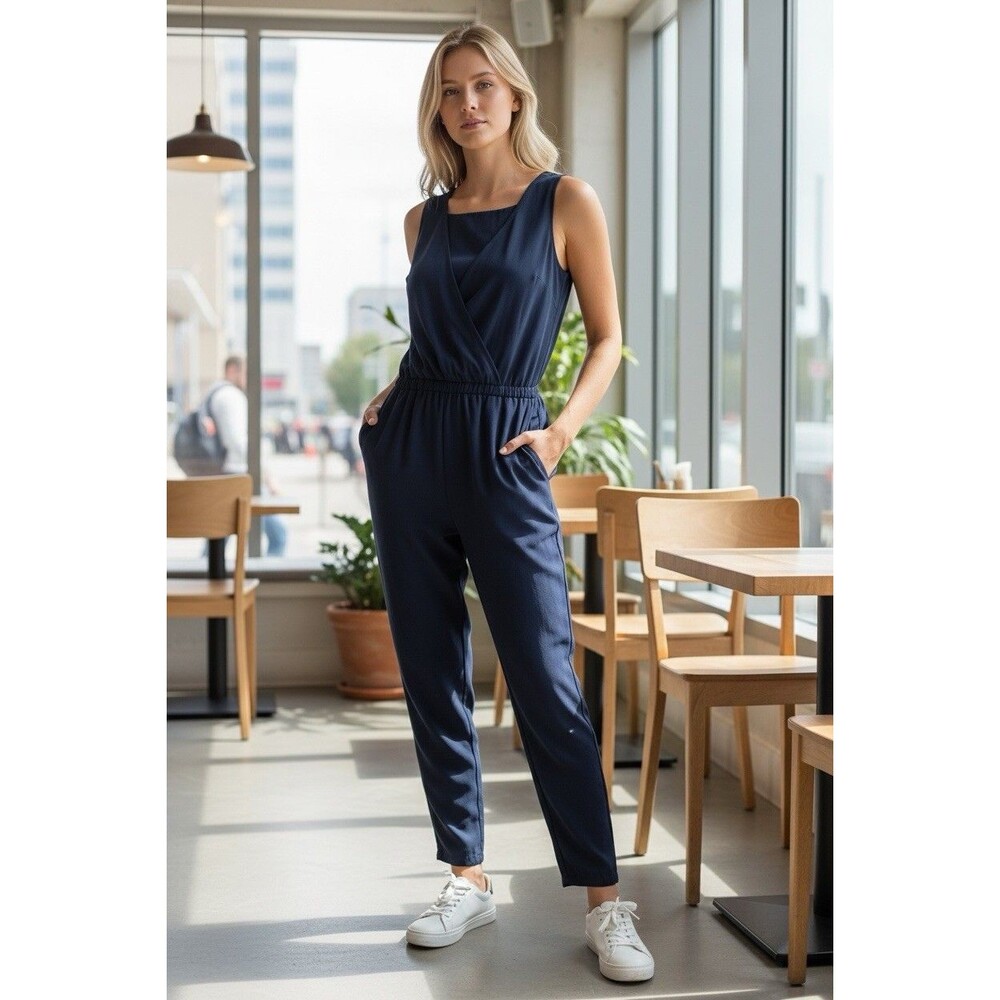 Spiral Girl Woman’s Sleeveless Jumpsuit Size 2 Navy Blue V-neck Draped/wraped